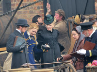 Mia Wasikowska  Ed Speleers and Lindsay Duncan filming scenes for "Alice in Wonderland" at Gloucester Docks