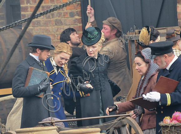 Mia Wasikowska  Ed Speleers and Lindsay Duncan filming scenes for "Alice in Wonderland" at Gloucester Docks
