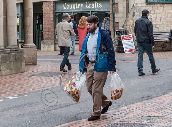 David Mitchell on set filming for "Back" in Stroud, with others