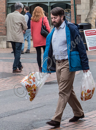 David Mitchell on set filming for "Back" in Stroud, with others