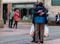 David Mitchell, Tony Gardner, on set filming for "Back" in Stroud, with others,