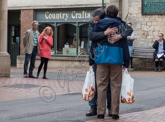 David Mitchell, Tony Gardner, on set filming for "Back" in Stroud, with others,