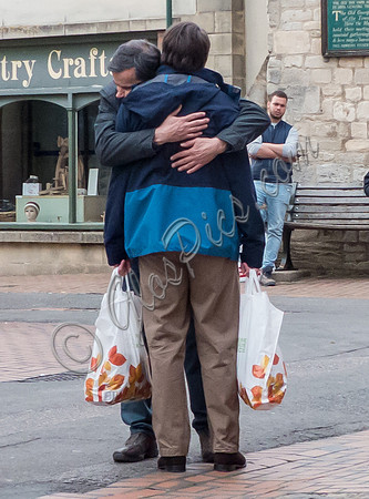David Mitchell, Tony Gardner, on set filming for "Back" in Stroud, with others,