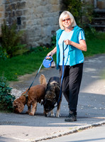 Former Tennis Star and TV Presenter Sue Barker walking  her dogs