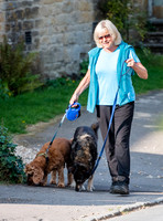 Former Tennis Star and TV Presenter Sue Barker walking  her dogs