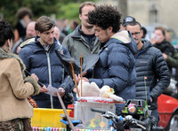Mathew Baynton and Joel Fry filming a market scene in "Apocalypse Slough"