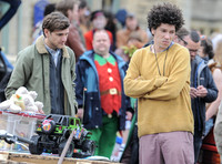 Mathew Baynton and Joel Fry  filming a market scene from Apocalypse Slough