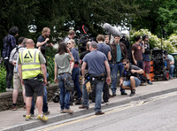 Broadchurch characters filming in Clevedon surrounded by crew