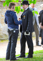 Brendan Coyle chatting to crew member