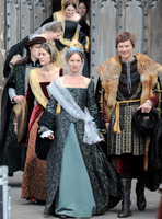 Cast members exiting Gloucester Cathedral