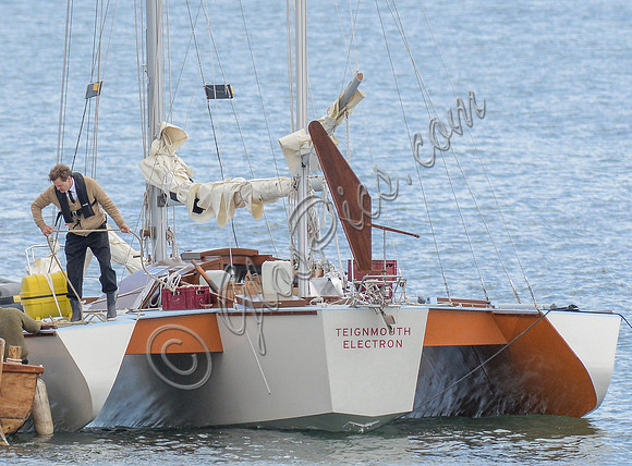 Colin Firth on board trimaran Teignmouth Electron