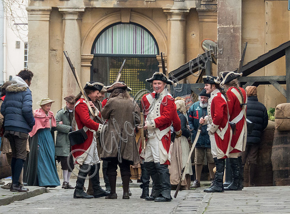 Extras dressed as soldiers for the filming of Poldark