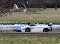 Theo James driving Austin Healey, filming scenes for "The Gentlemen"