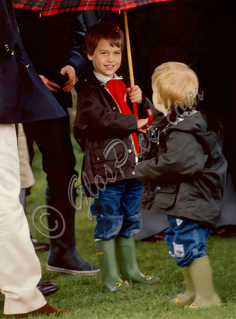 Prince William holding a red tartan umbrella and Prince Harry both wearing 'Wellipet' froggy wellies