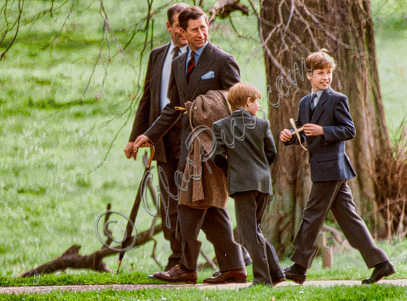 Prince Charles with sons William and Harry leaving Sandringham Church,  1993