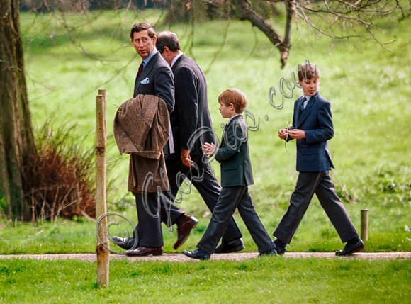 Prince Charles with sons William and Harry leaving Sandringham Church,  1993