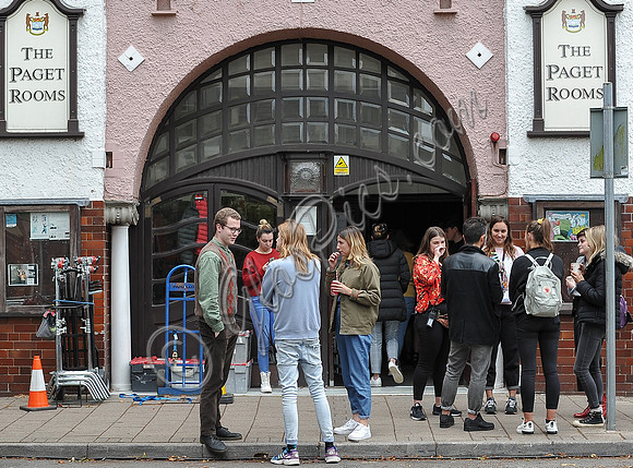 filming on location outside Paget Rooms, Penarth