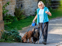 Axed "A Question of Sport" host Sue Barker taking her dogs for a walk this morning. Monday 21st September, 2020