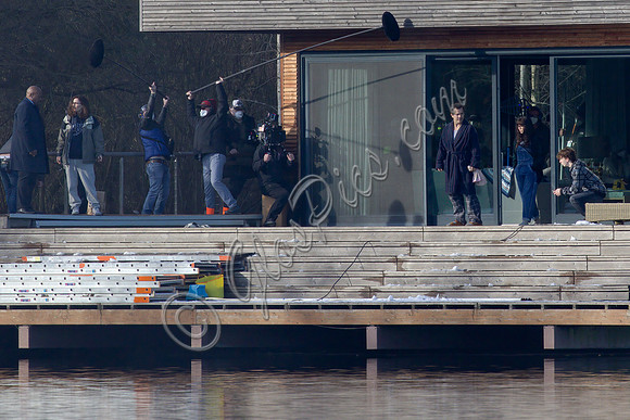 Actors on set filming Amazon's thriller "The Power"
