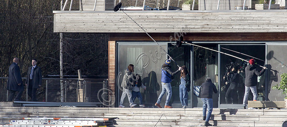Actors on set filming Amazon's thriller "The Power"