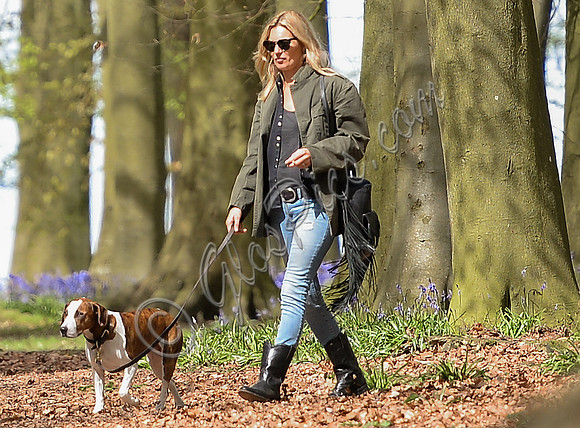 Supermodel Kate Moss wearing military style jacket, skinny jeans and cowboy boots takes a walk with her dog Archie in the woods