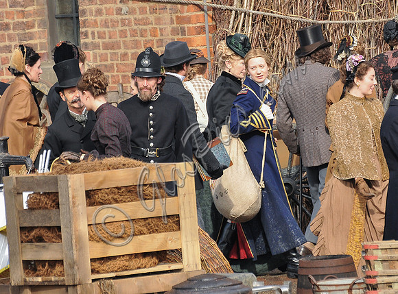 Mia Wasikowska  and Lindsay Duncan filming scenes for "Alice in Wonderland" at Gloucester Docks