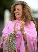 Sara, Countess Bathurst wearing a pink wrap